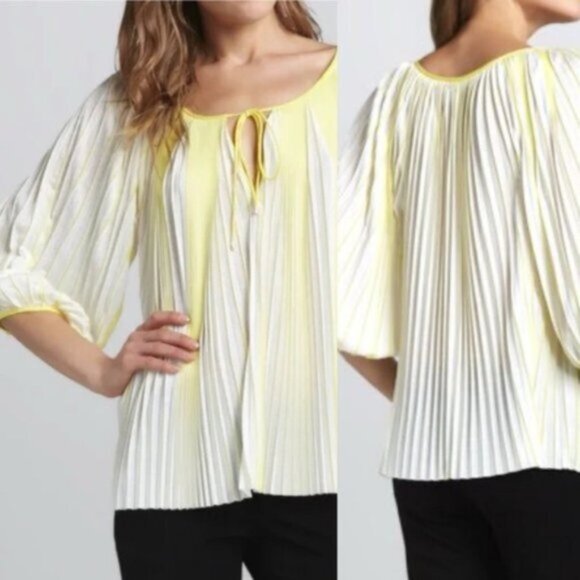 Diane von Furstenberg  * Yellow Pleated Peasant 'Keoni'  Top  Blouse EUC  Sz 12 - Picture 1 of 14